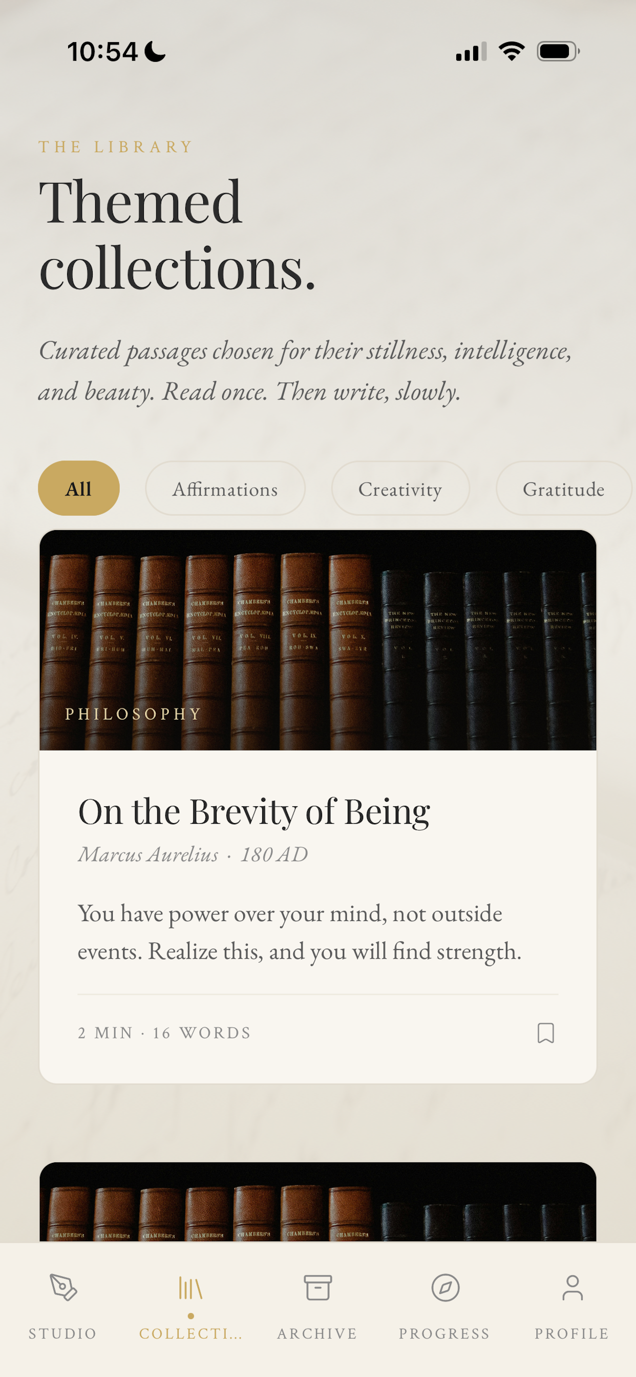 Curated writing collections screen
